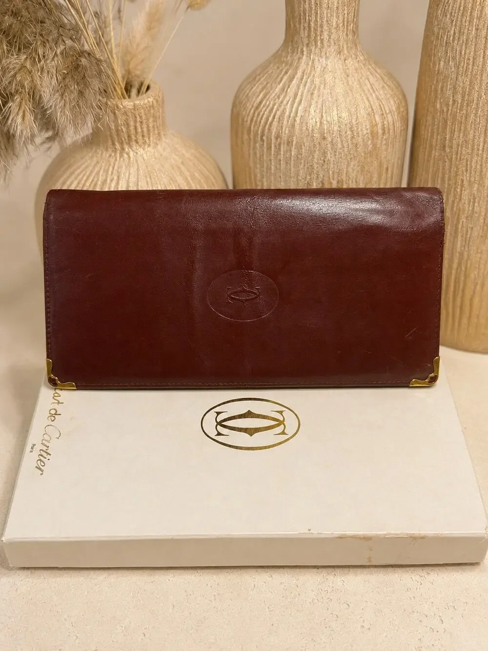 Vintage Must de Cartier Burgundy Leather Long Bifold Checkbook Wallet
